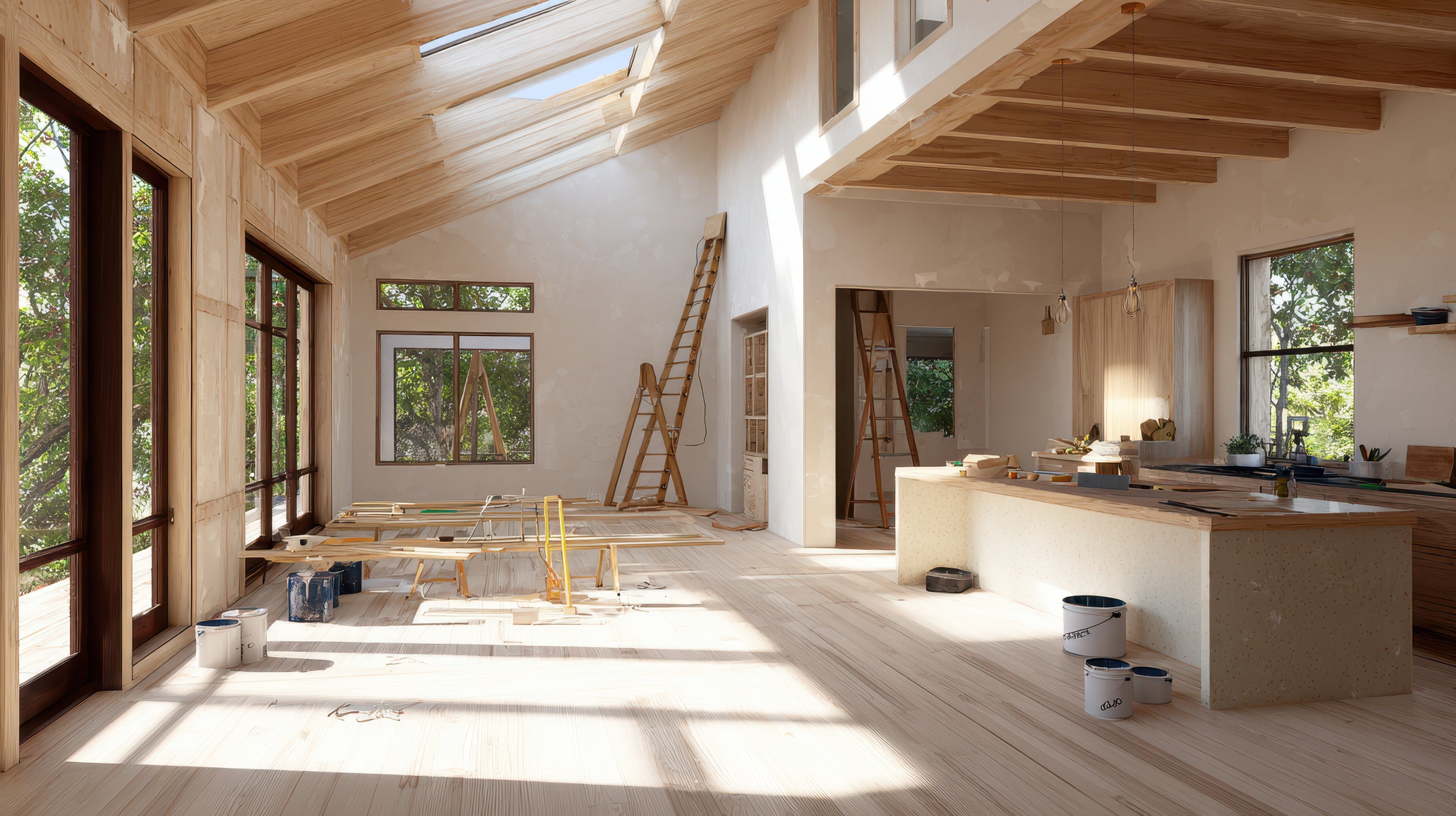 Modern home interior under construction with large windows and wooden beams
